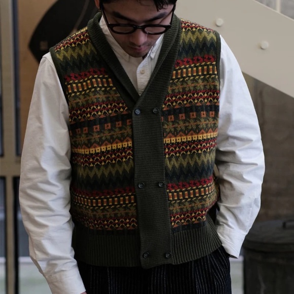 Labour Union Fair Isle Lambswool Sleeveless Shawl Collar Cardigan Size 40 NWT - Picture 1 of 6